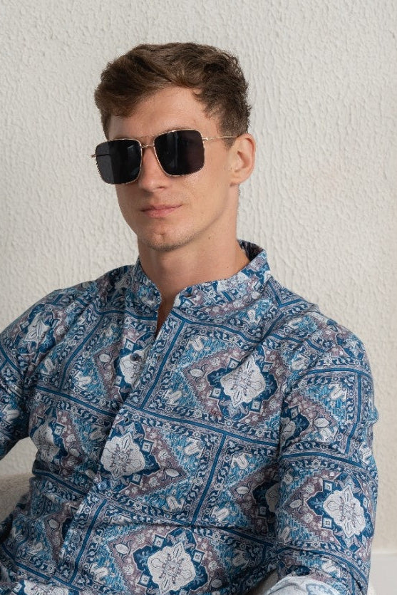 Men's Blue Mosaic Linen Shirt - Rig Anthon