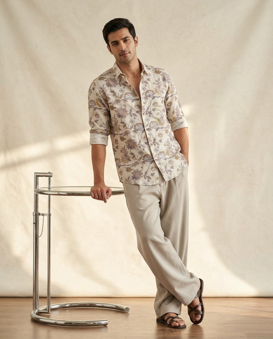 Ivory Bloom Premium Printed Linen Shirt-11588