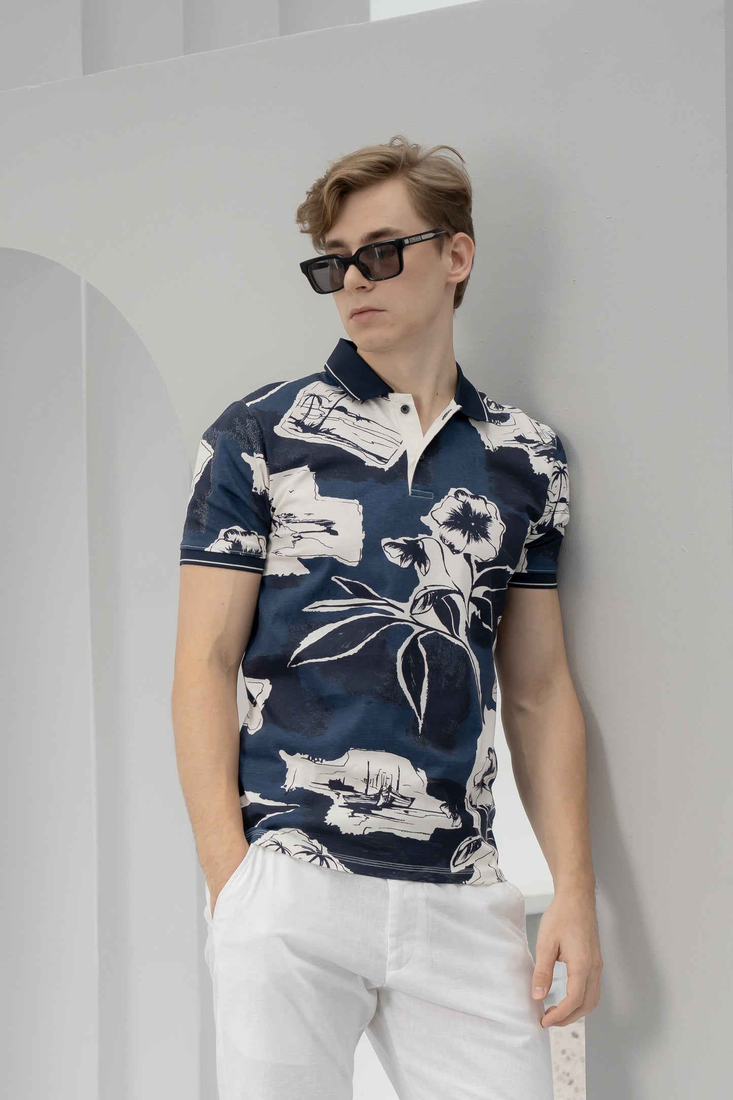 Men's Navy Floral Polo- Rig Anthony