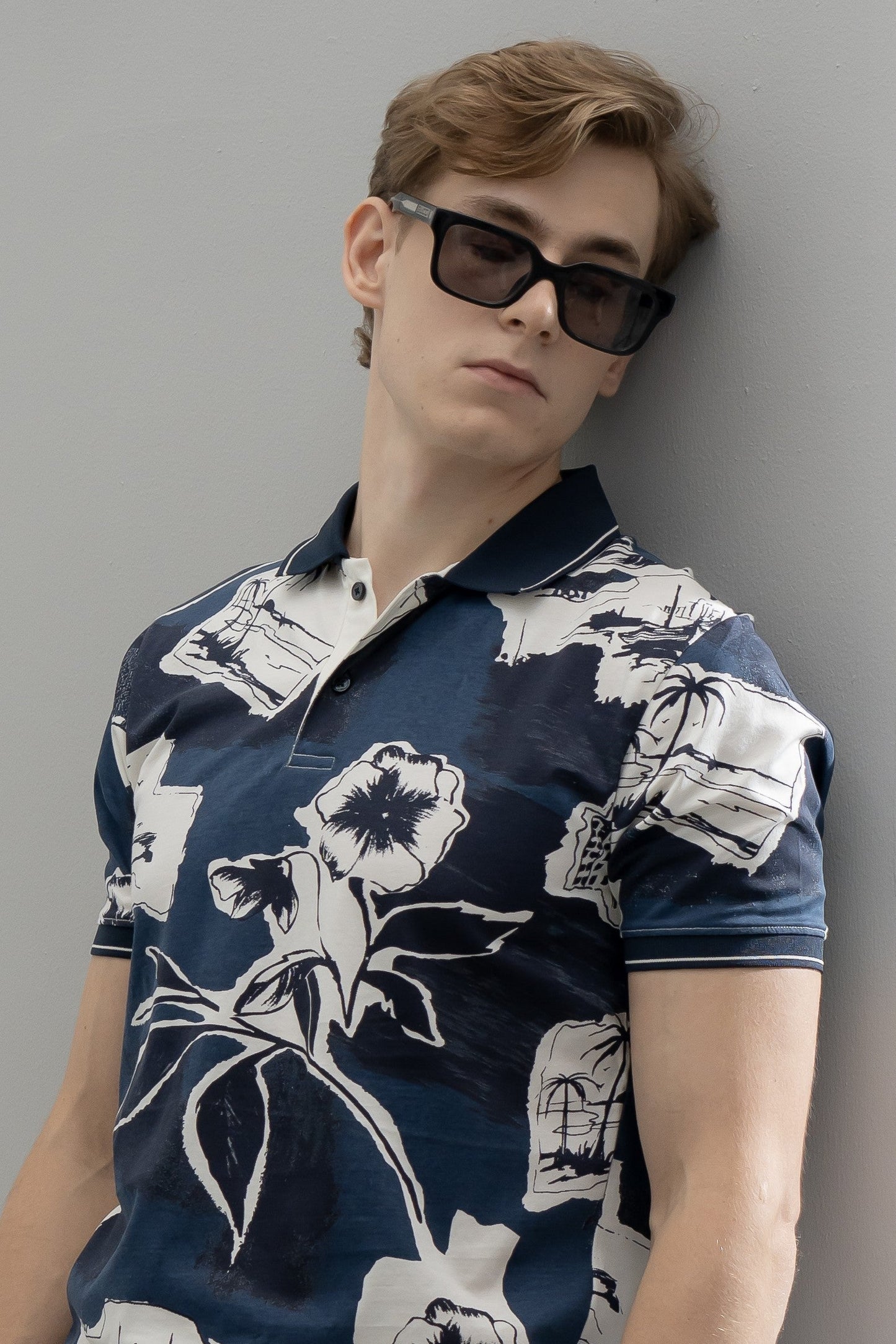 Men's Navy Floral Polo- Rig Anthony