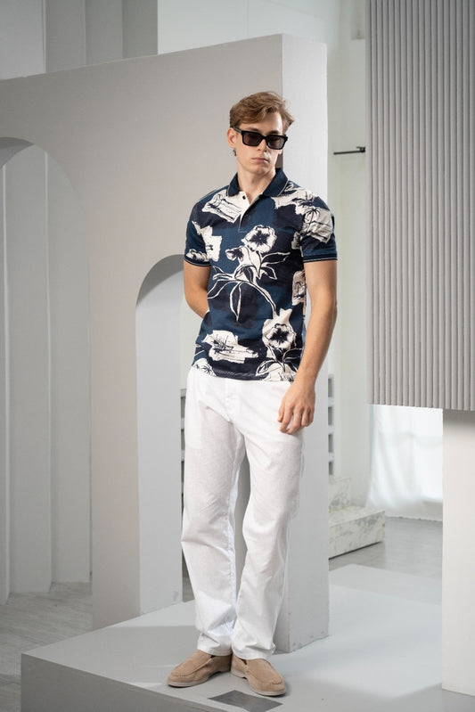 Men's Navy Floral Polo- Rig Anthony