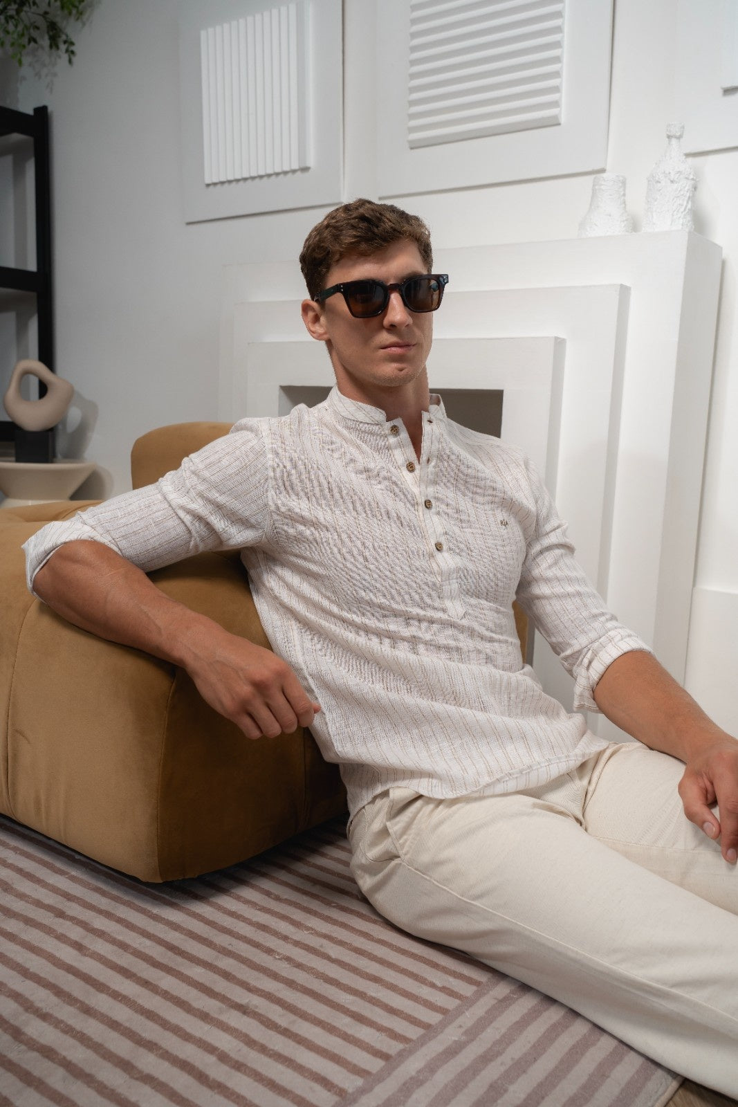 Men's Ivory Stripe Linen Shirt - Rig Anthony