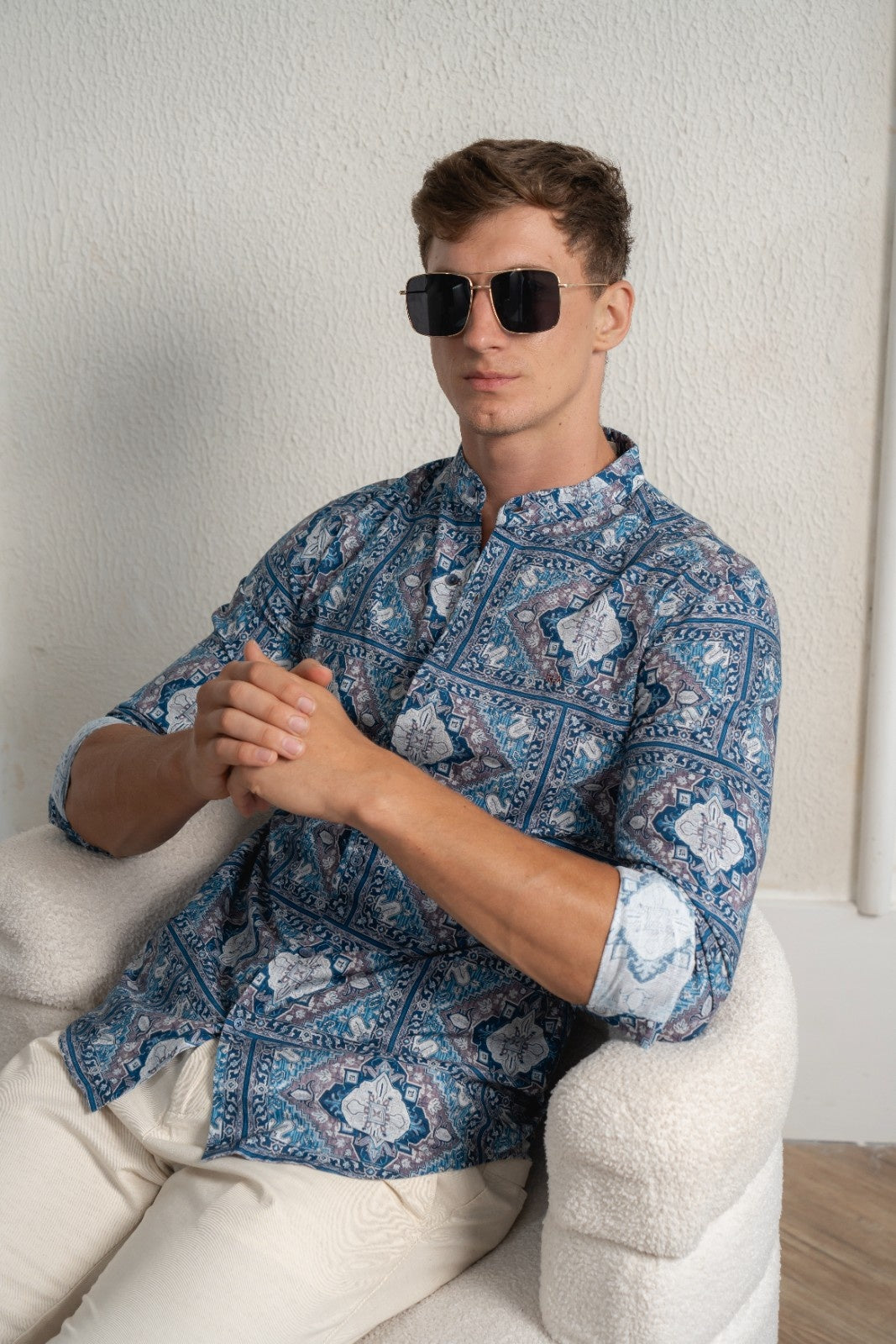 Men's Blue Mosaic Linen Shirt - Rig Anthon