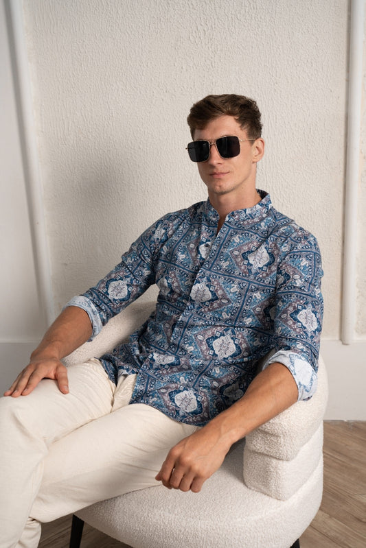 Men's Blue Mosaic Linen Shirt - Rig Anthon