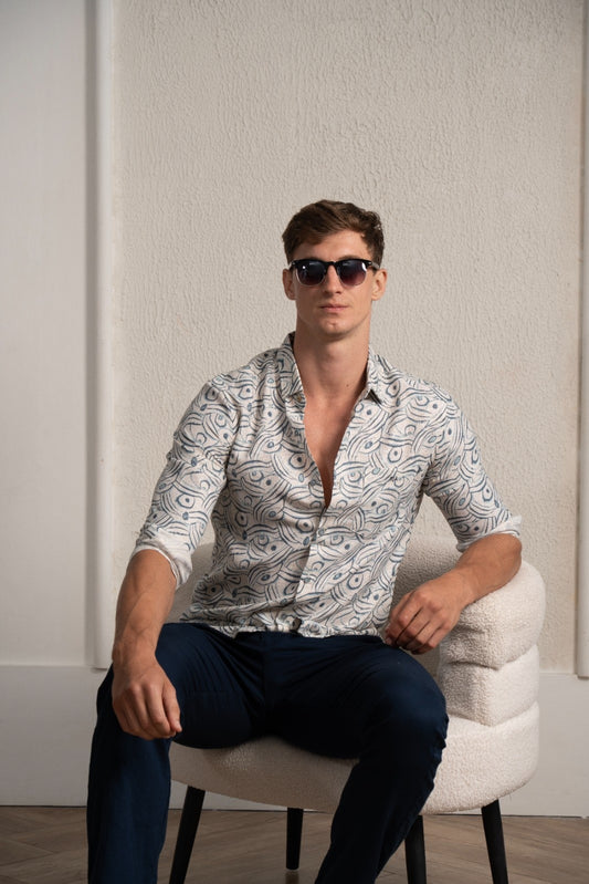Men's Cerulean Sketch Linen Shirt - Rig Anthony