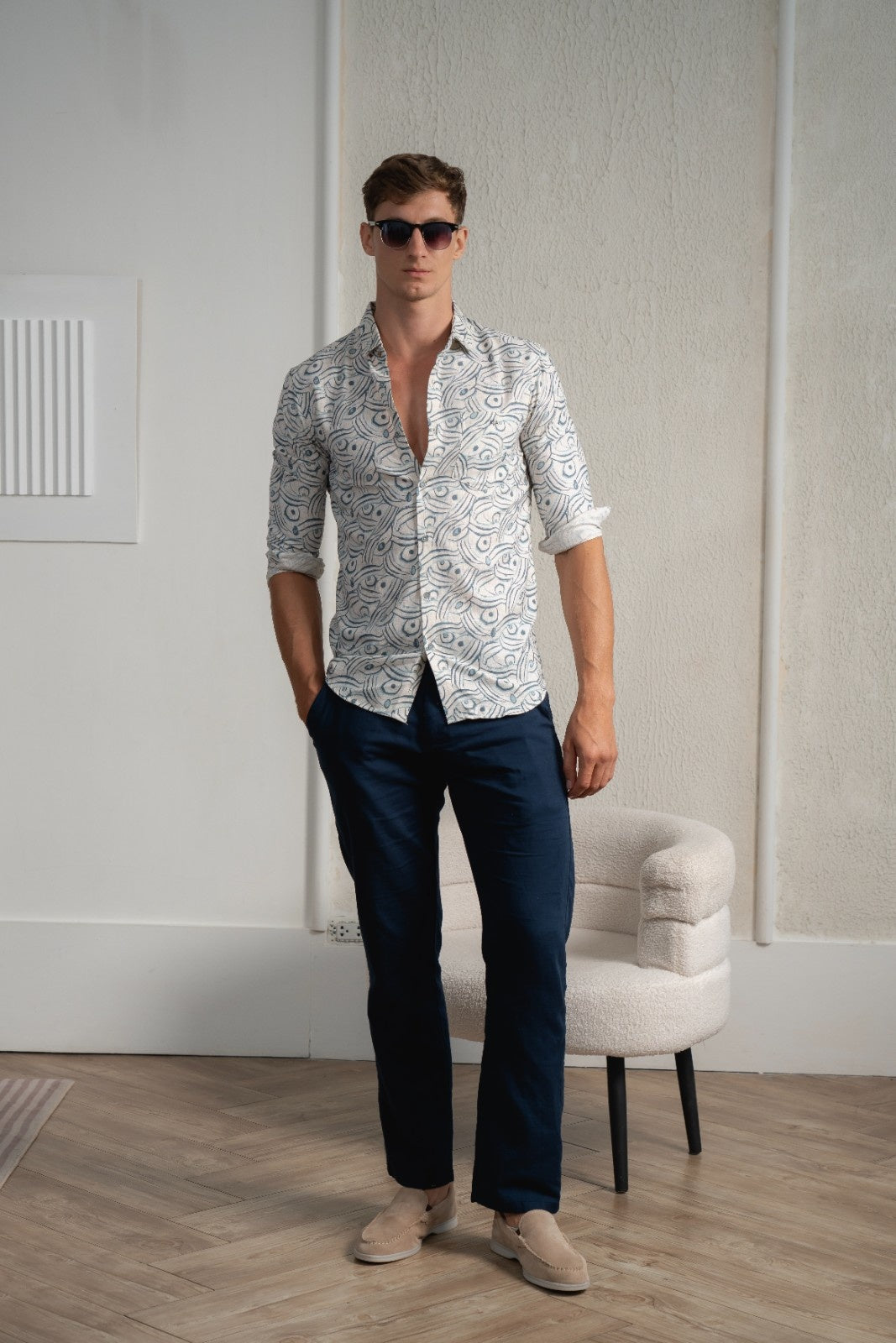 Men's Cerulean Sketch Linen Shirt - Rig Anthony
