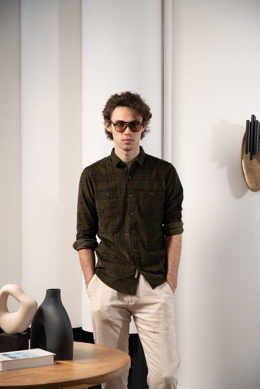 Men's Olive Grid Corduroy Shirt  - Rig Anthony