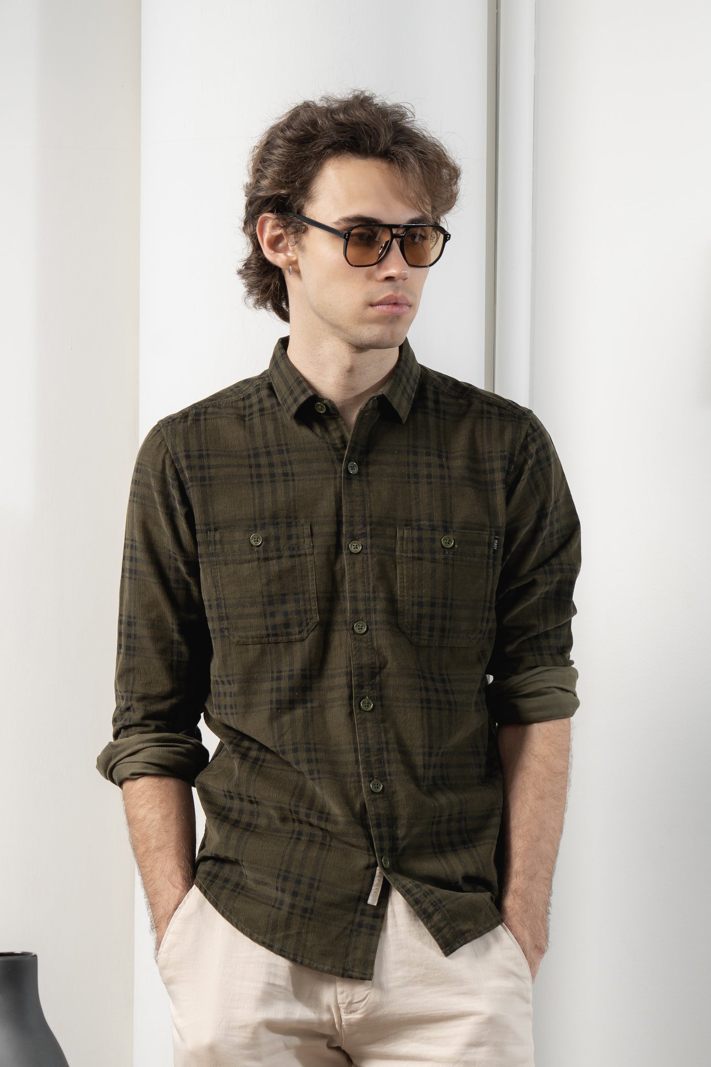 Men's Olive Grid Corduroy Shirt  - Rig Anthony
