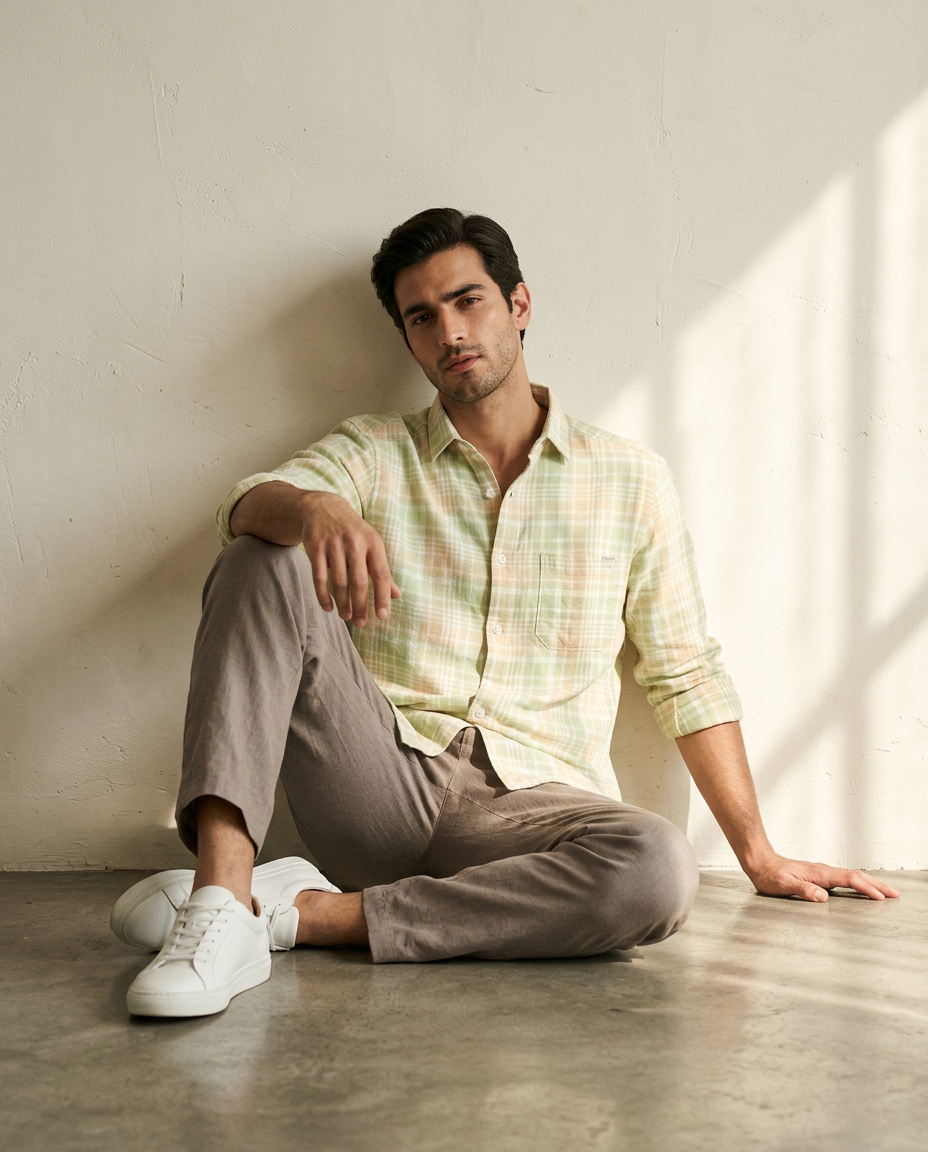 Pastel Lime Premium Linen Blend Checked Shirt-11531