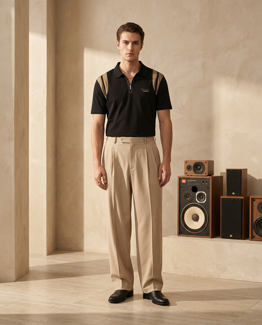 Noir Beige Signature Zip Polo T-Shirt- 14186